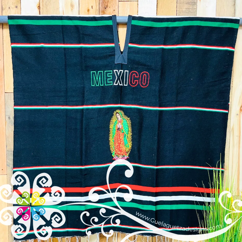 Black Guadalupe Design - Sarape Men Poncho