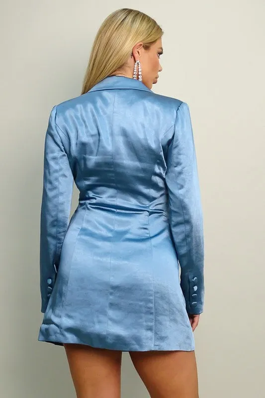 Blue Date Night Satin Blazer Dress