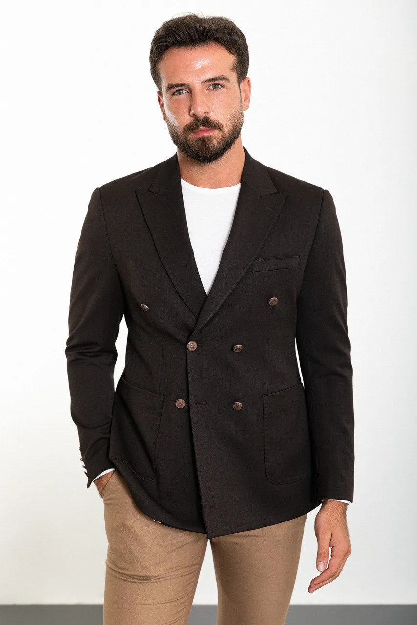 Bojoni Torretta Slim Fit Double Breasted Brown Blazer