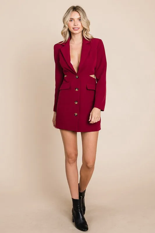 Burgundy Cut Out Lapel Neck Button Up Blazer Dress