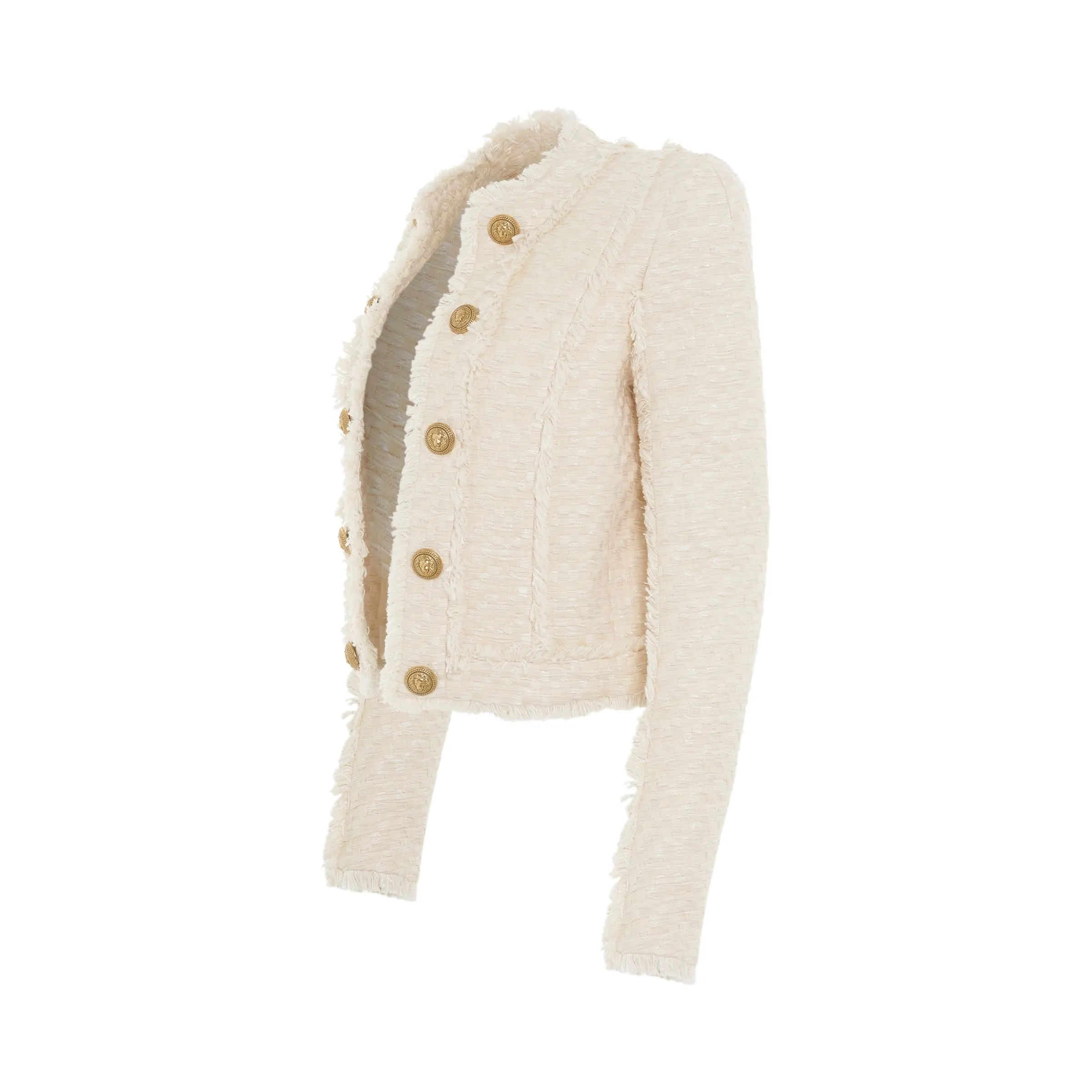 Collarless Side To Side Tweed Jacket in Off White