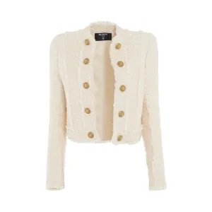 Collarless Side To Side Tweed Jacket in Off White