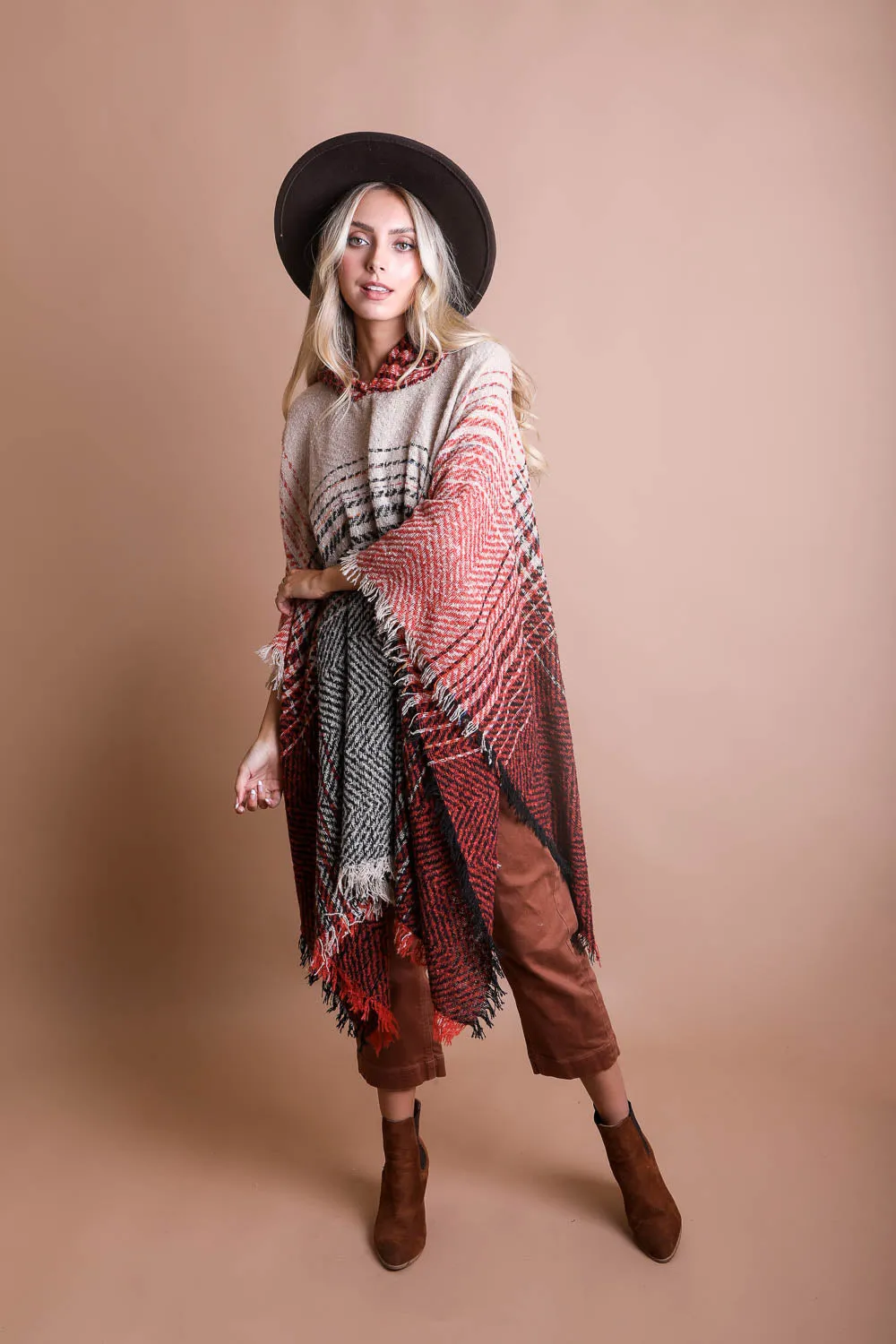 Cuddly Herringbone Hooded Poncho