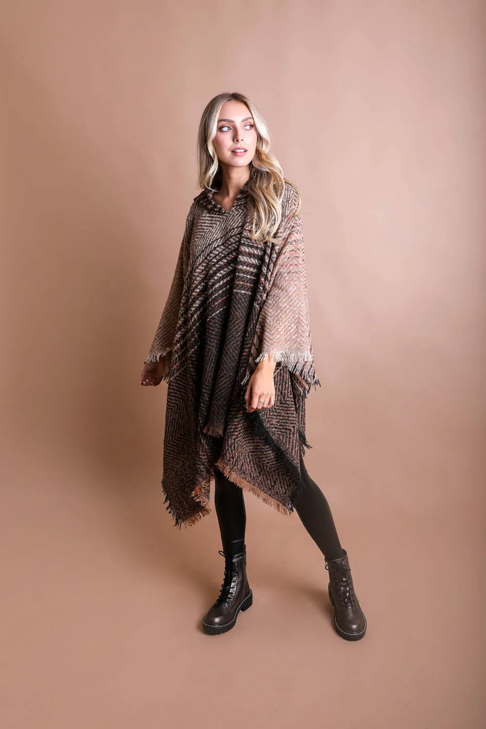 Cuddly Herringbone Hooded Poncho