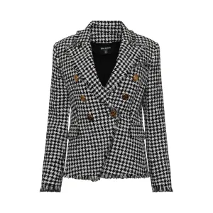 Double Breasted Houndstooth Tweed Blazer in White