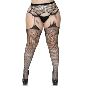 Industrial Net Stockings With Duchess Lace Top and Duchess Lace Top and Attached Multi Strand Garter Belt - 1x/2x - Black