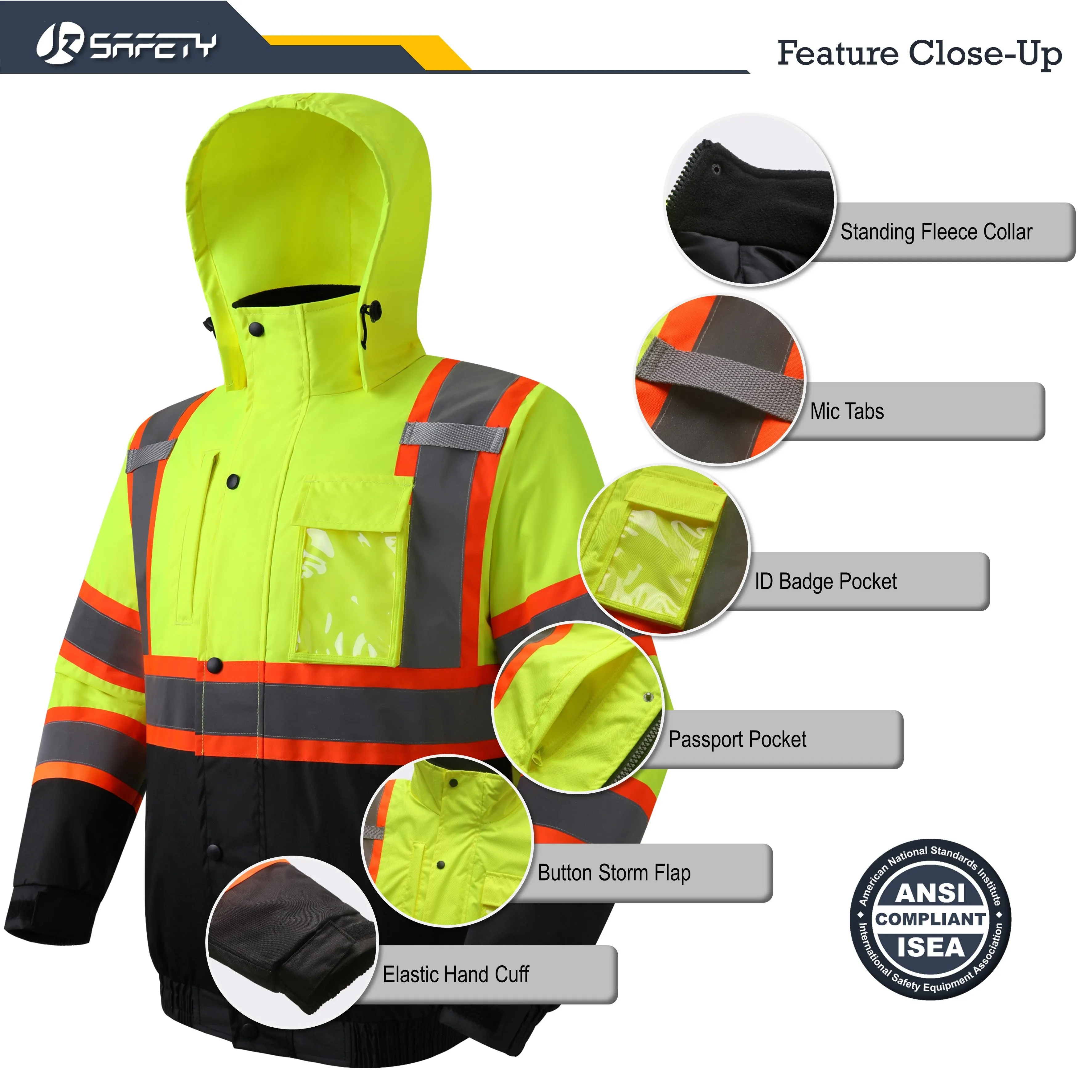 JKSafety 10 Pockets Winter Hi-Vis Reflective Safety Bomber Jacket, Standing Fleece Collar (JK116)