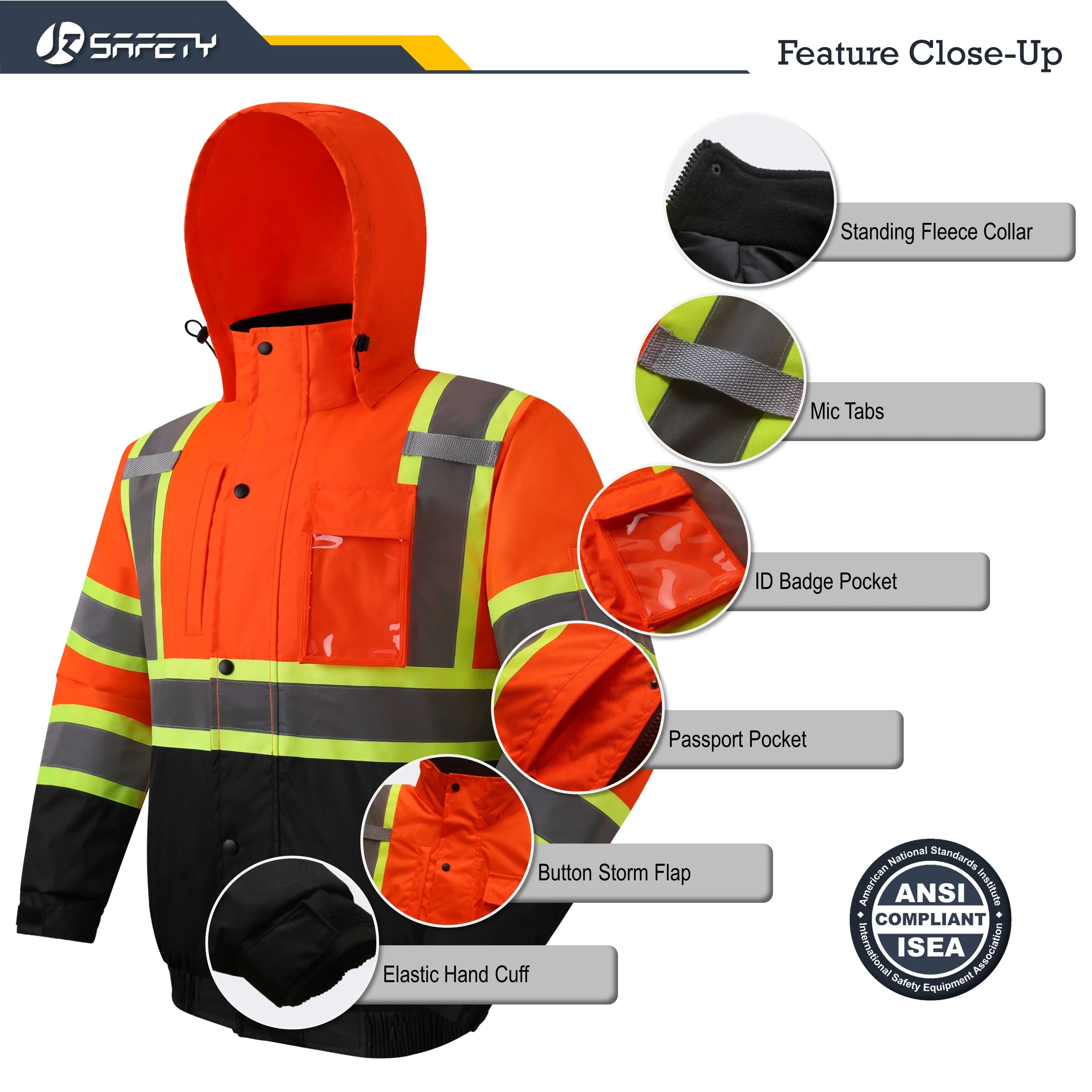 JKSafety 10 Pockets Winter Hi-Vis Reflective Safety Bomber Jacket, Standing Fleece Collar (JK116)