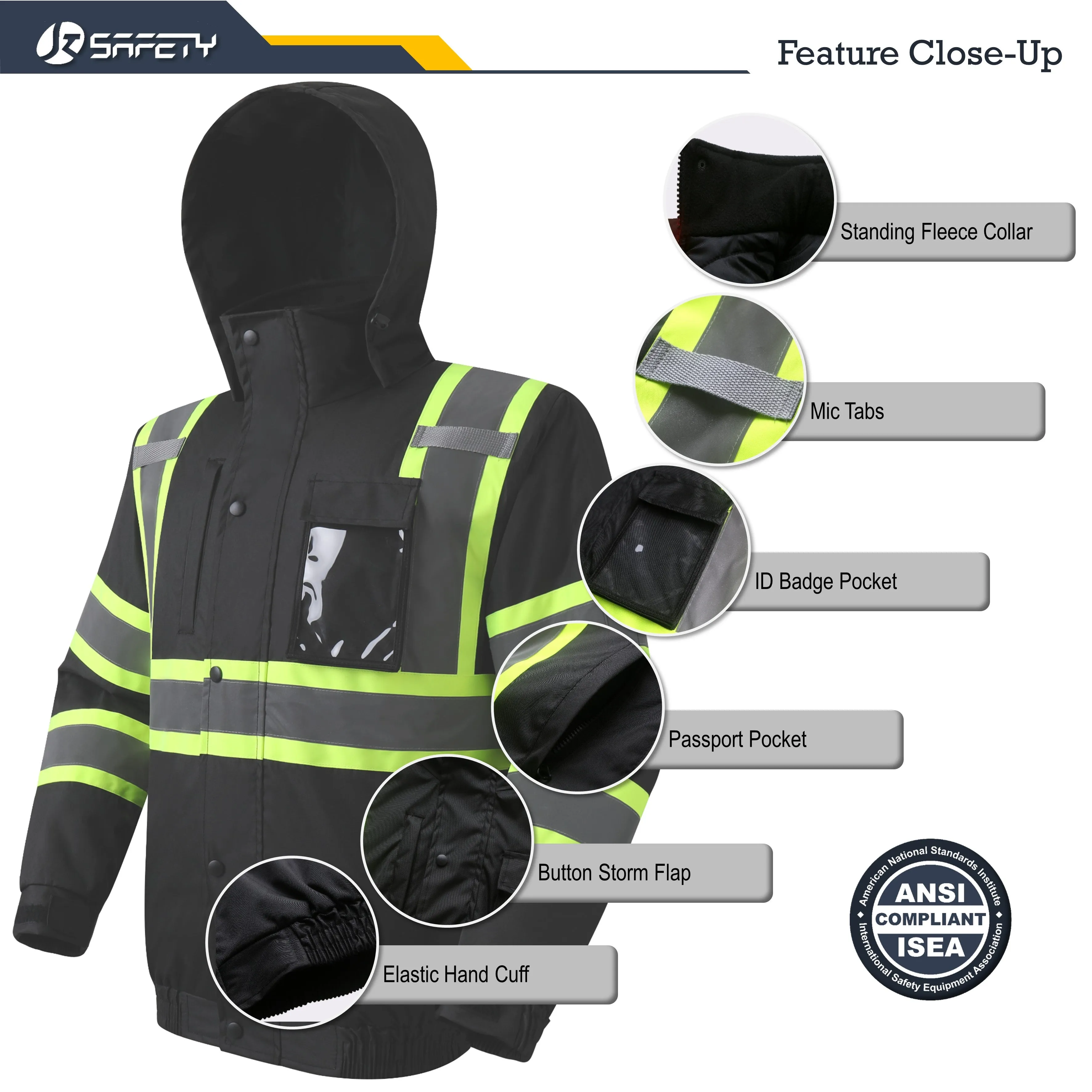 JKSafety 10 Pockets Winter Hi-Vis Reflective Safety Bomber Jacket, Standing Fleece Collar (JK116)