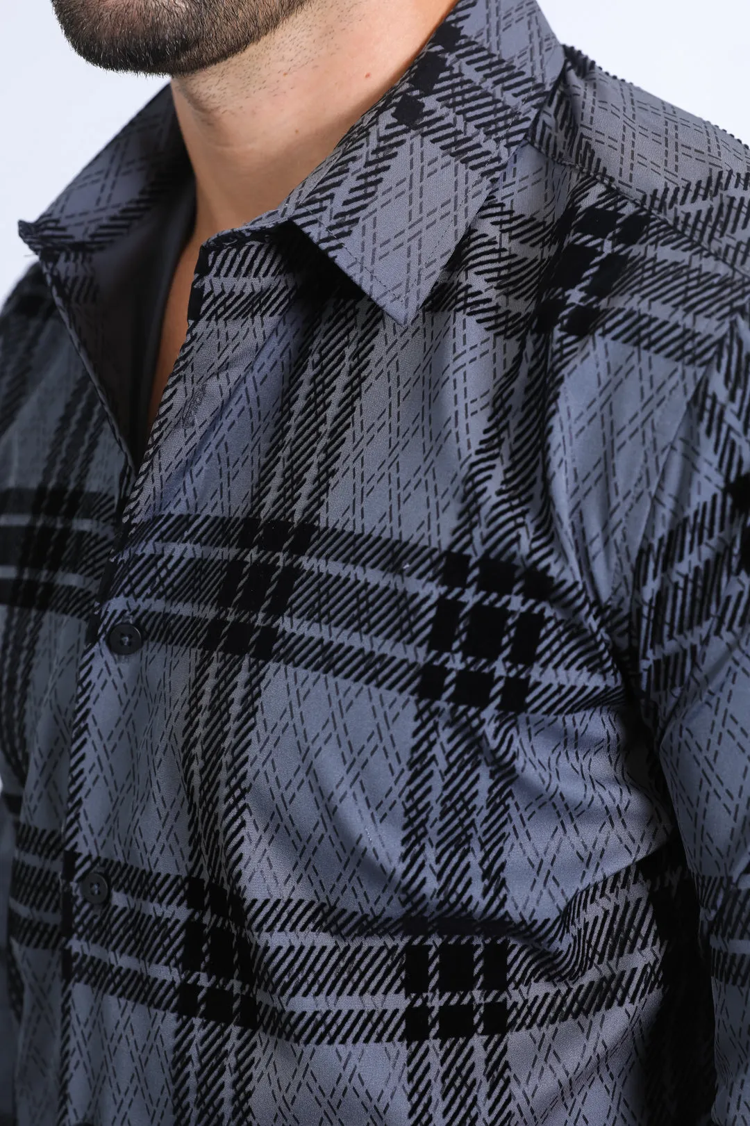 Men's Checkered Flocked Modern Fit Spandex Charcoal Shirt