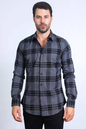 Men's Checkered Flocked Modern Fit Spandex Charcoal Shirt