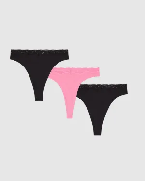 Micro Lace Thong 3-Pack Black & Candy Pink