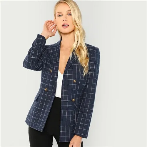 Navy Cotton Office Lady Elegant Notched Neck Plaid Double Breasted Blazer