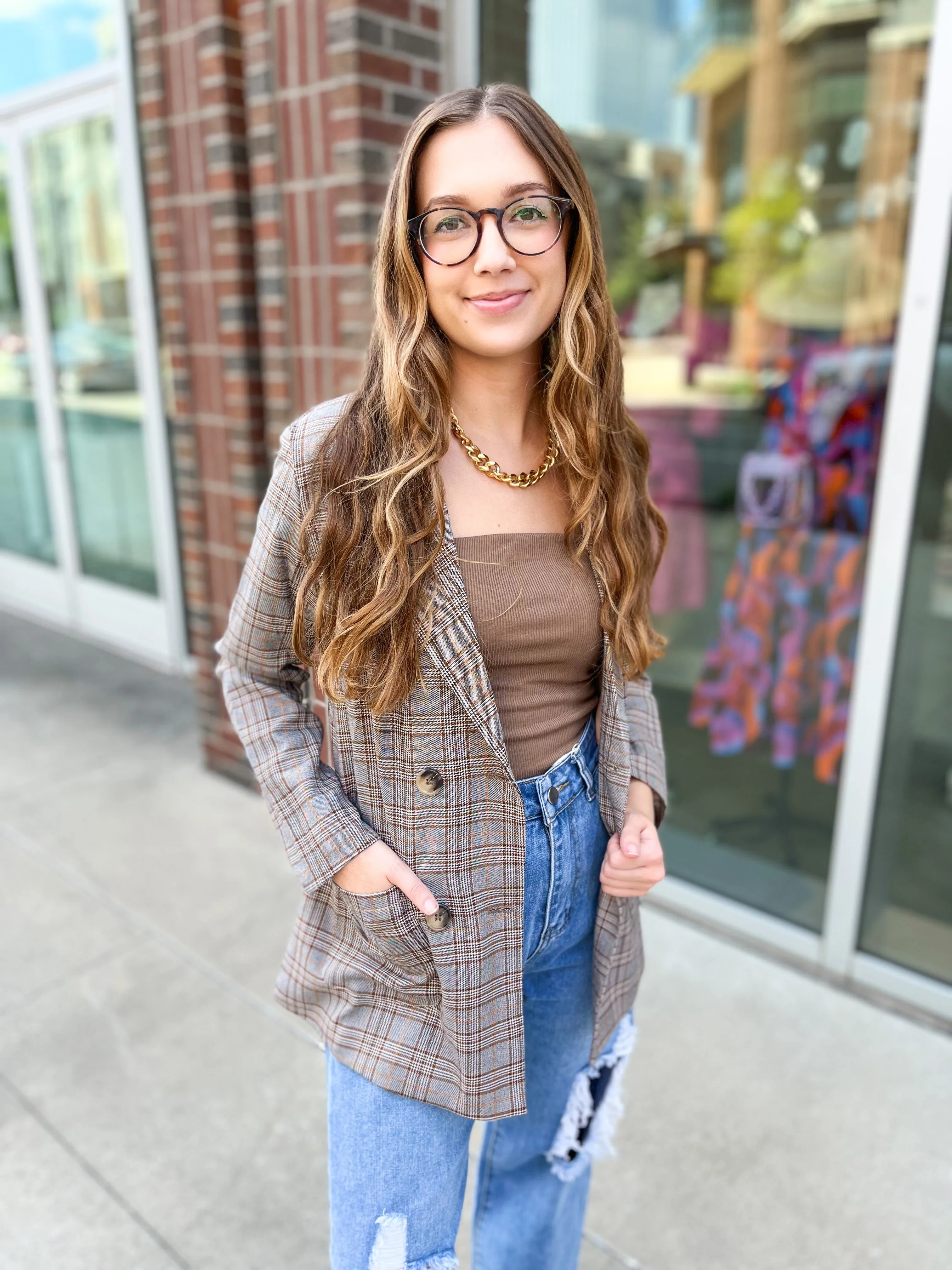 Preptastic Brown and Orange Plaid Blazer