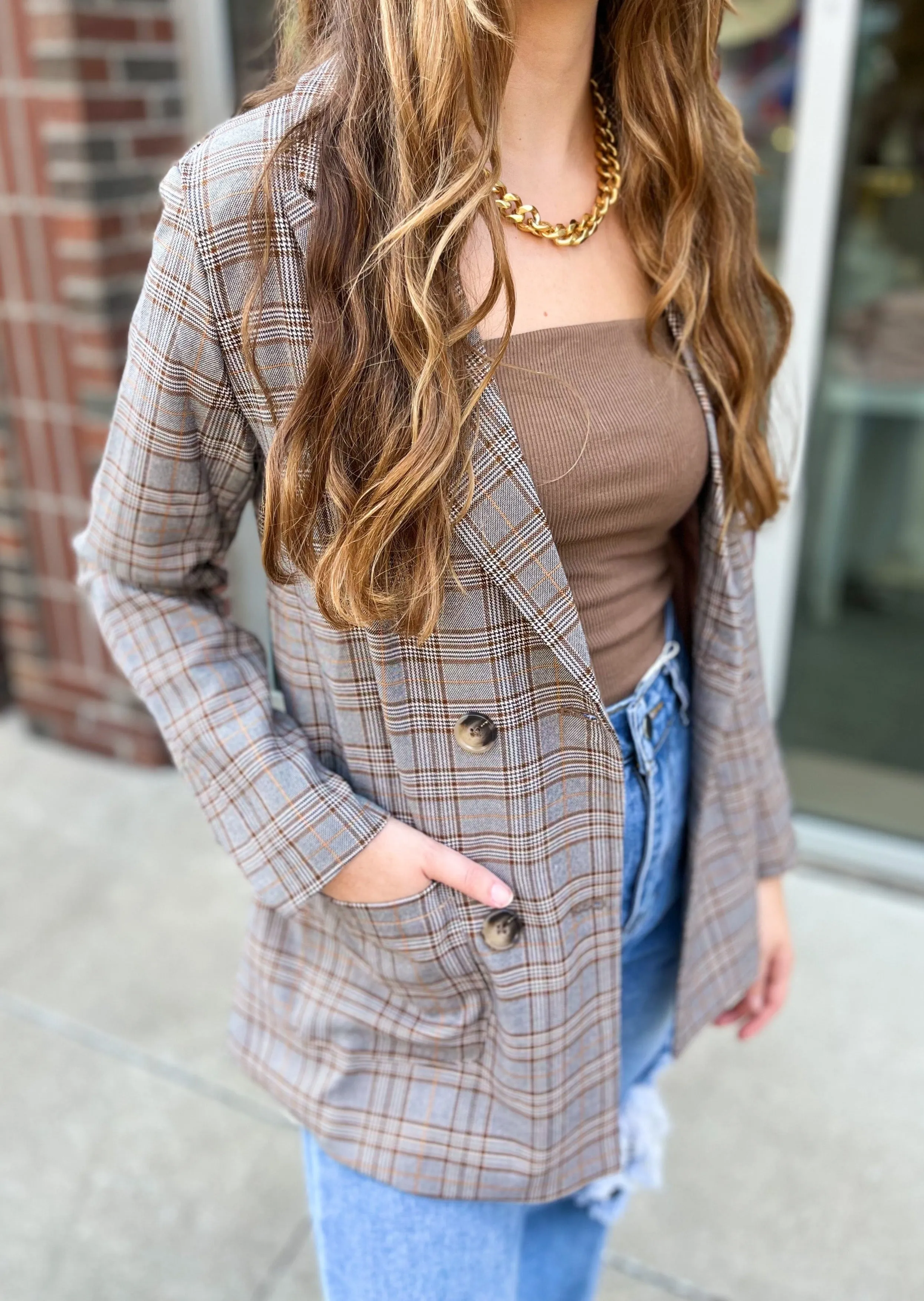 Preptastic Brown and Orange Plaid Blazer