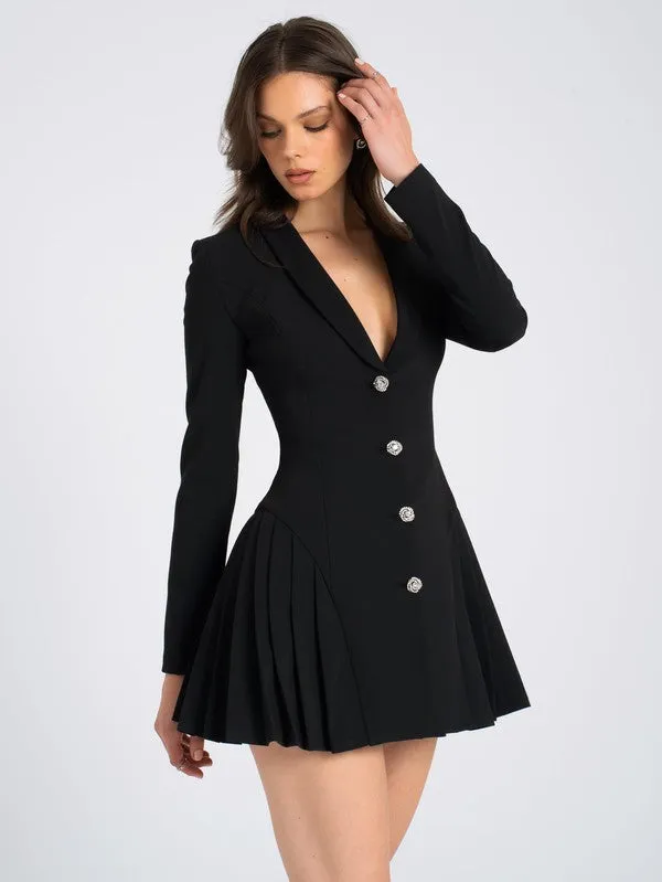 Ria Black Blazer Mini Dress With Pleated Detail