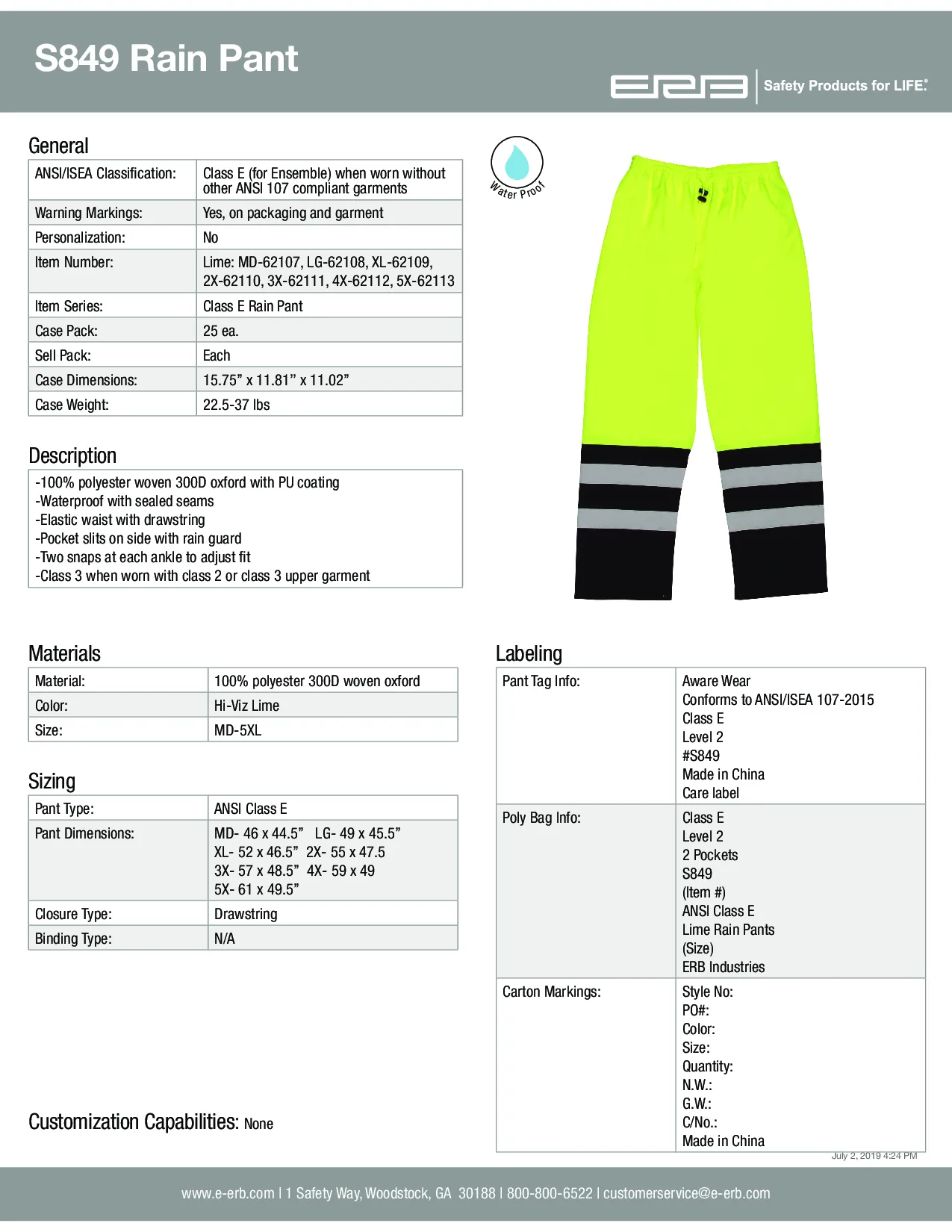 S849 Class E Rain Pants 1pc