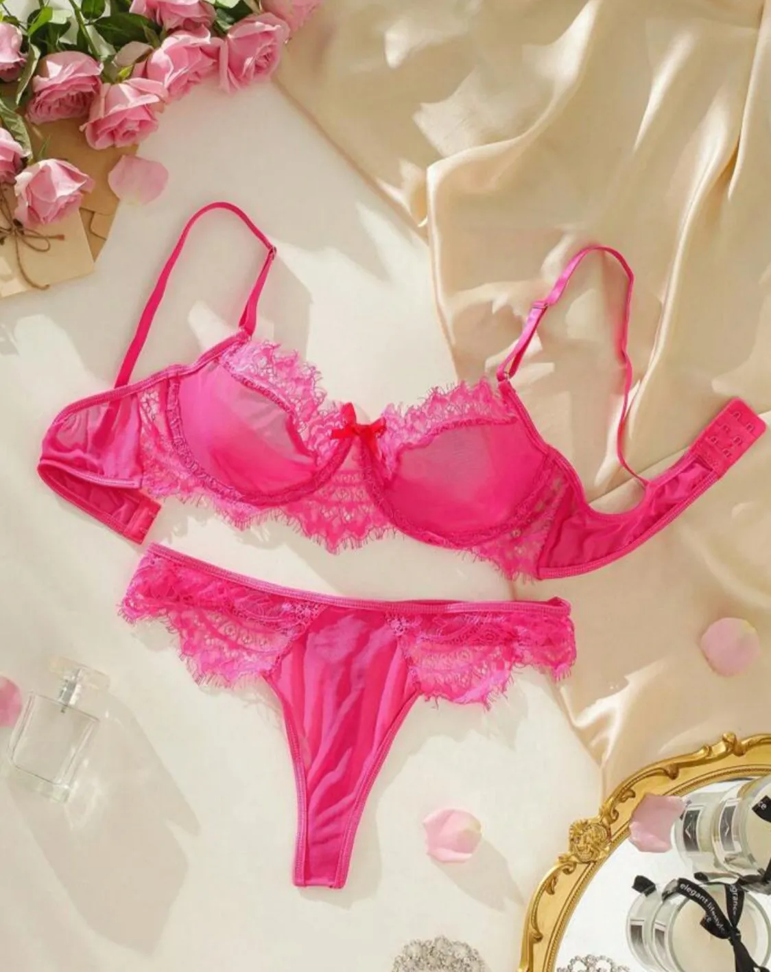 Sexy Lingerie Pink Silk Set