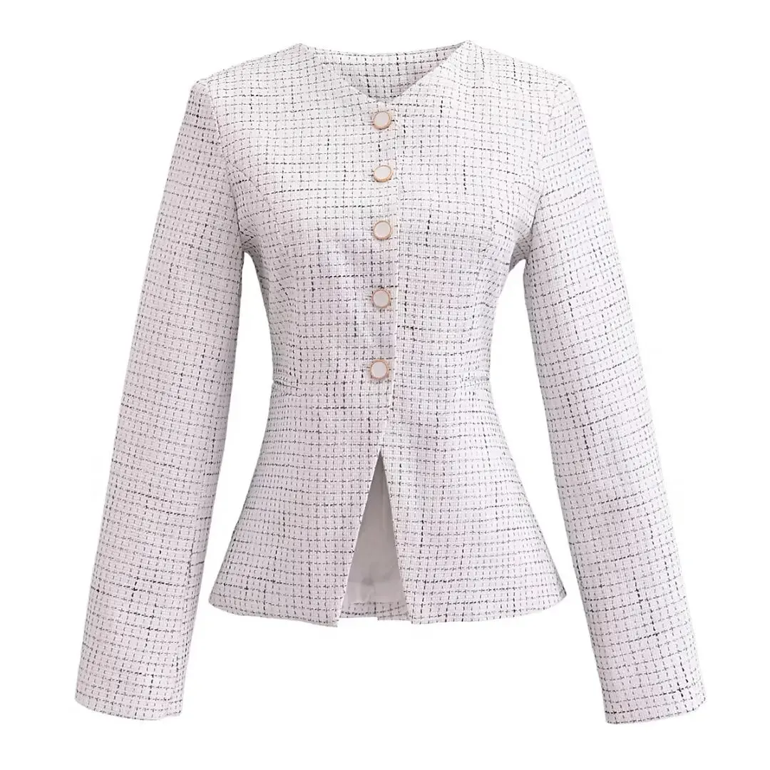 Spring V Collar White Plaid Woven Tweed Retro Slim Waist Single-Breasted Button Slit Blazer