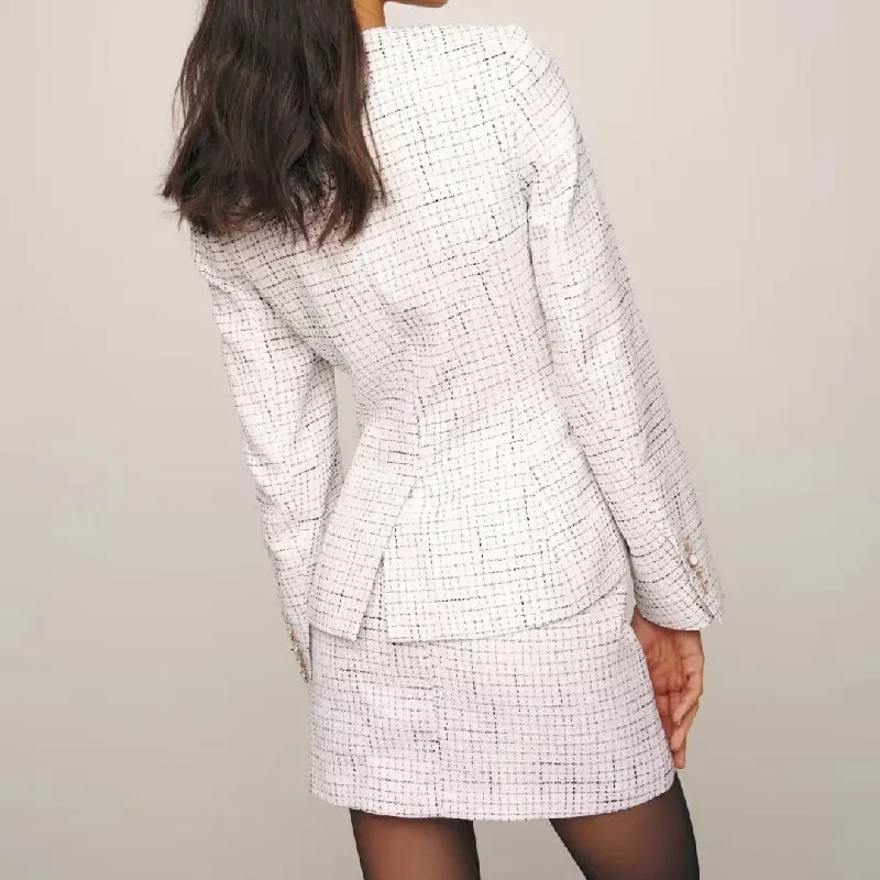 Spring V Collar White Plaid Woven Tweed Retro Slim Waist Single-Breasted Button Slit Blazer