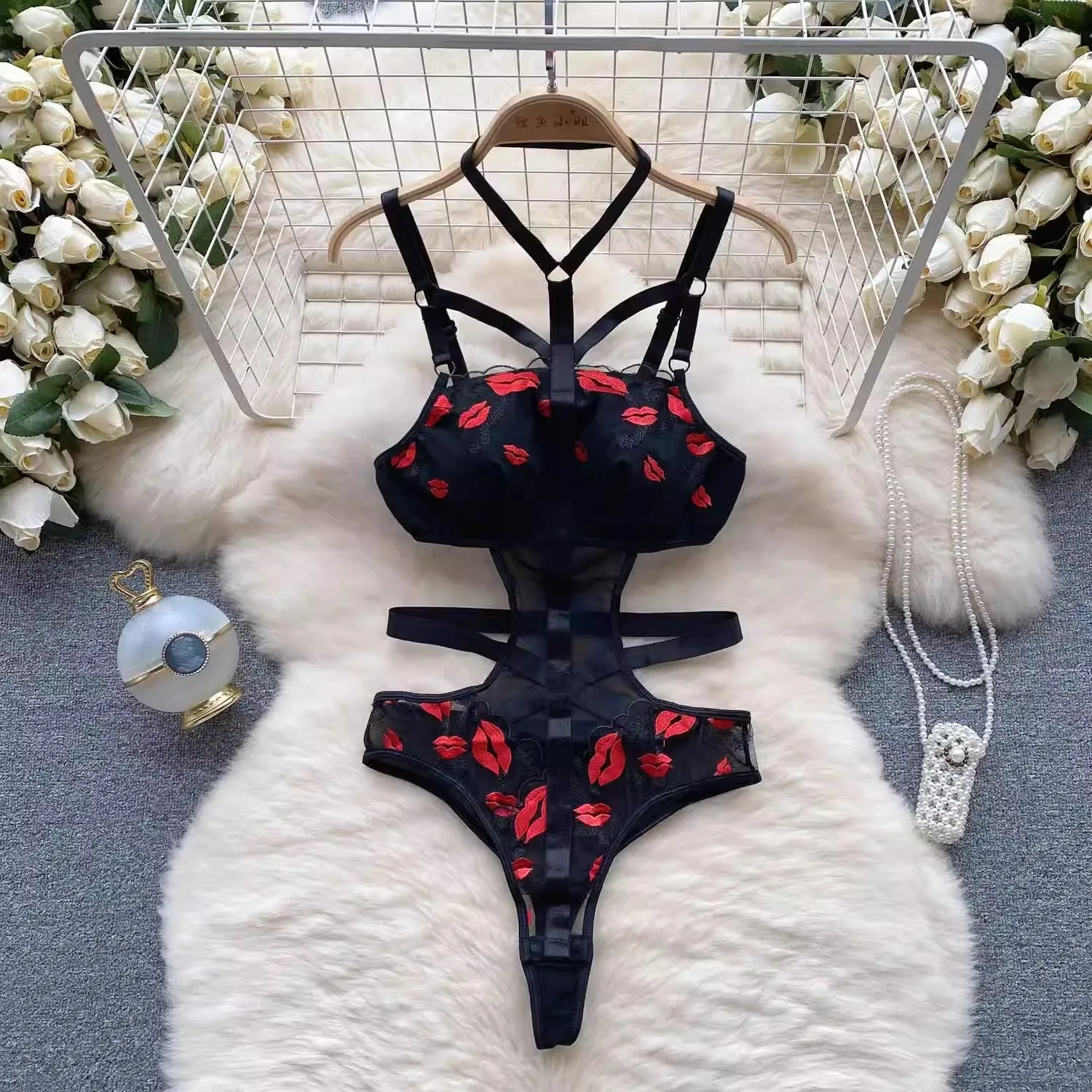 Vance Lips Embroidered Strappy Bodysuit Lingerie