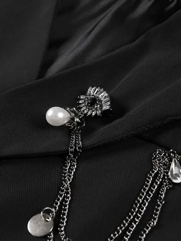 Wenkouban-Winter outfits Christmas Black Friday Notched Collar Chain Brooch Short Black Jacket