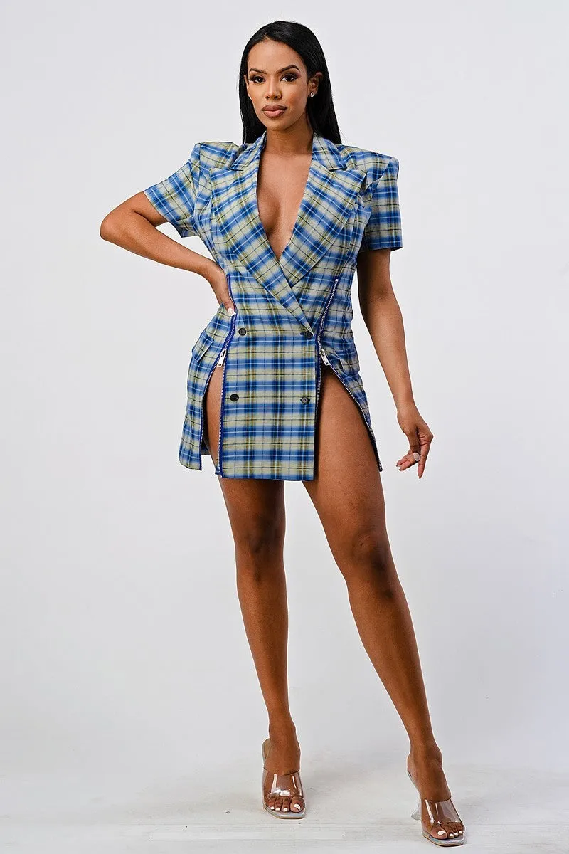 Wide Collared Double Breasted Plaid Blazer Mini Dress - Ships from The US