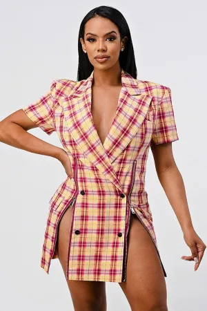 Wide Collared Double Breasted Plaid Blazer Mini Dress - Ships from The US