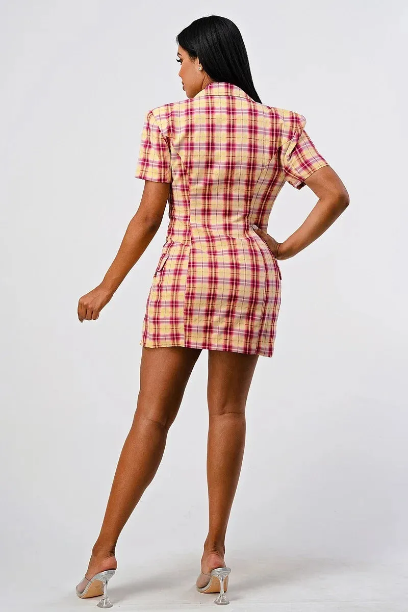 Wide Collared Double Breasted Plaid Blazer Mini Dress - Ships from The US