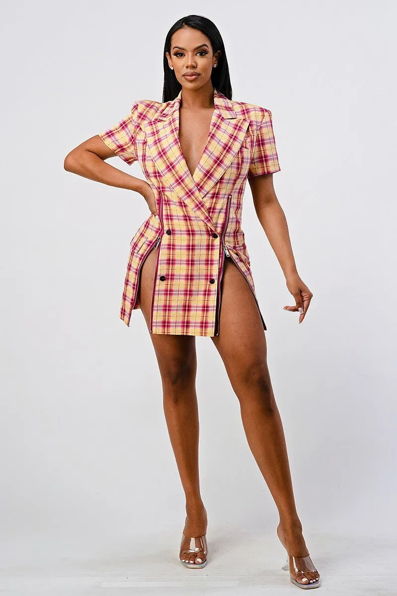 Wide Collared Double Breasted Plaid Blazer Mini Dress - Ships from The US