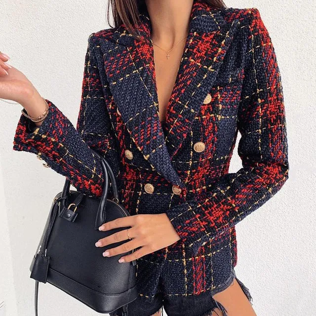 Women Plaid Coat Winter 2020 Elegant Ladies Double Breasted Slim Office Blazer Mujer Fashion Female Jackets Casual Outwear D25