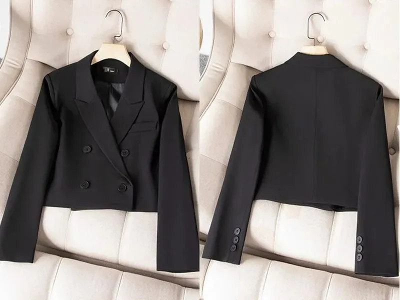 Women's Cropped Double-Breasted Blazer – Vintage Long Sleeve Office Suit Jacket